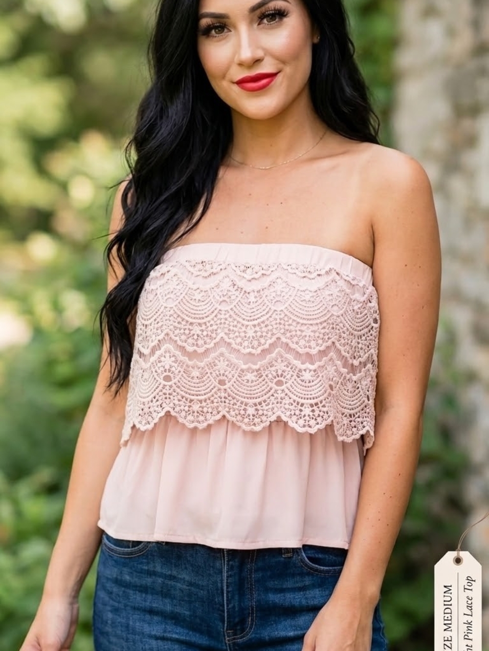 Strapless Lace Overlay Women’s Top - Blush Pink/Nude
